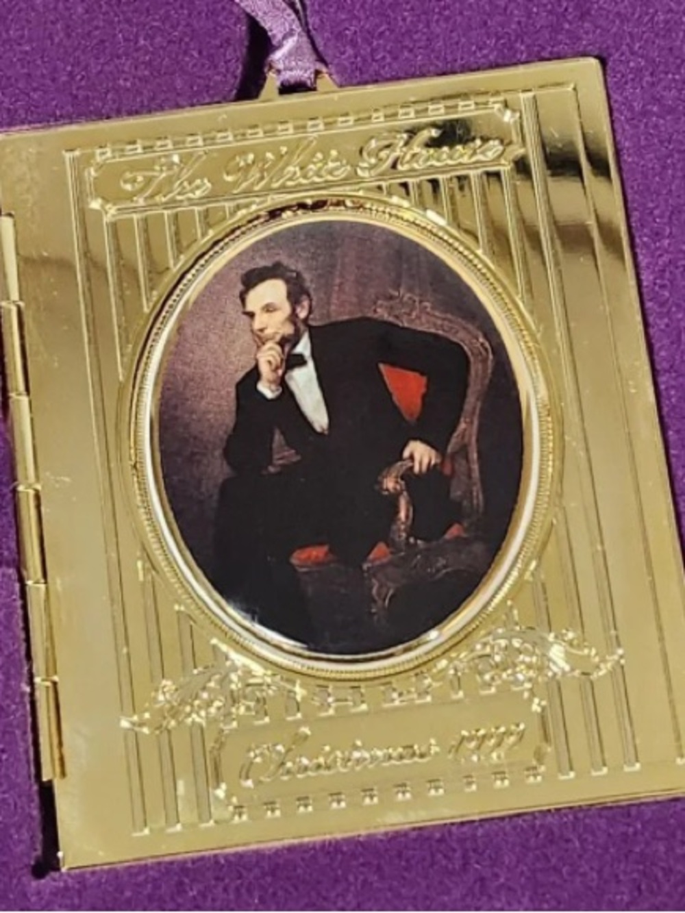 White House Gold Presidential Portrait Ornament with Purple Ribbon